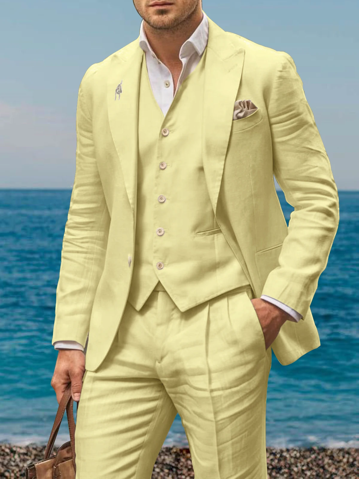 Summer Linen Casual Suits for Men ، Slim Fit Peaked Lapel Solid Tuxedo Mens Suits Traje De 3 Piezas Para Hombre Custom Man Suits
