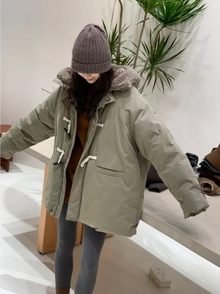 

Пуховик Feita Heavyweight High Ammage с капюшоном из овечьей шерсти и пуговицами из рога, женская повседневная свободная куртка средней длины