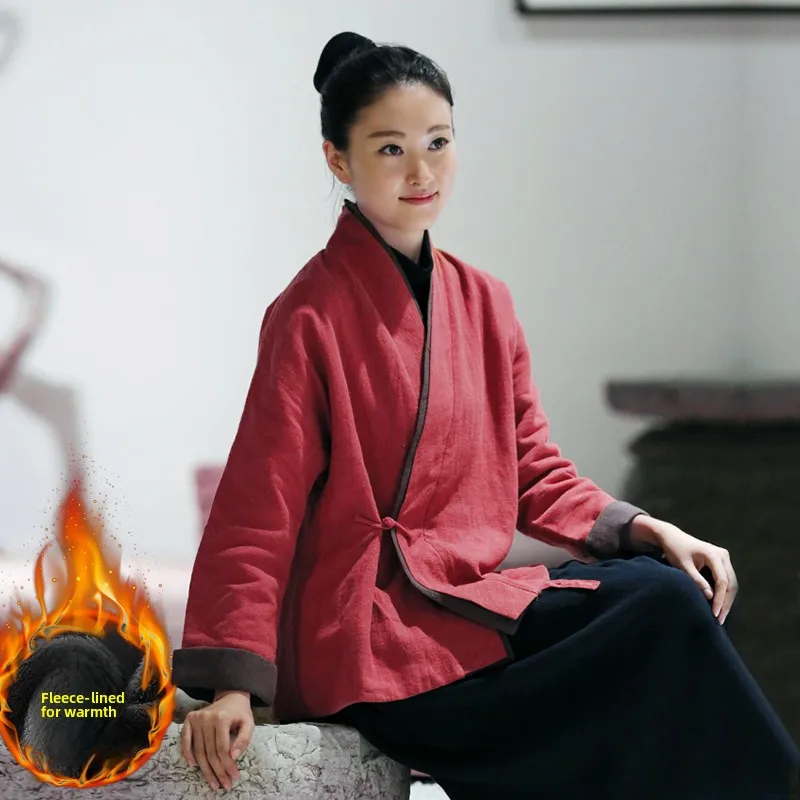 

Slimming Effect Women's Winter Cotton Jaet Large Size Button Design Hanfu Sle Buddhist Casual Wear National Trend Top