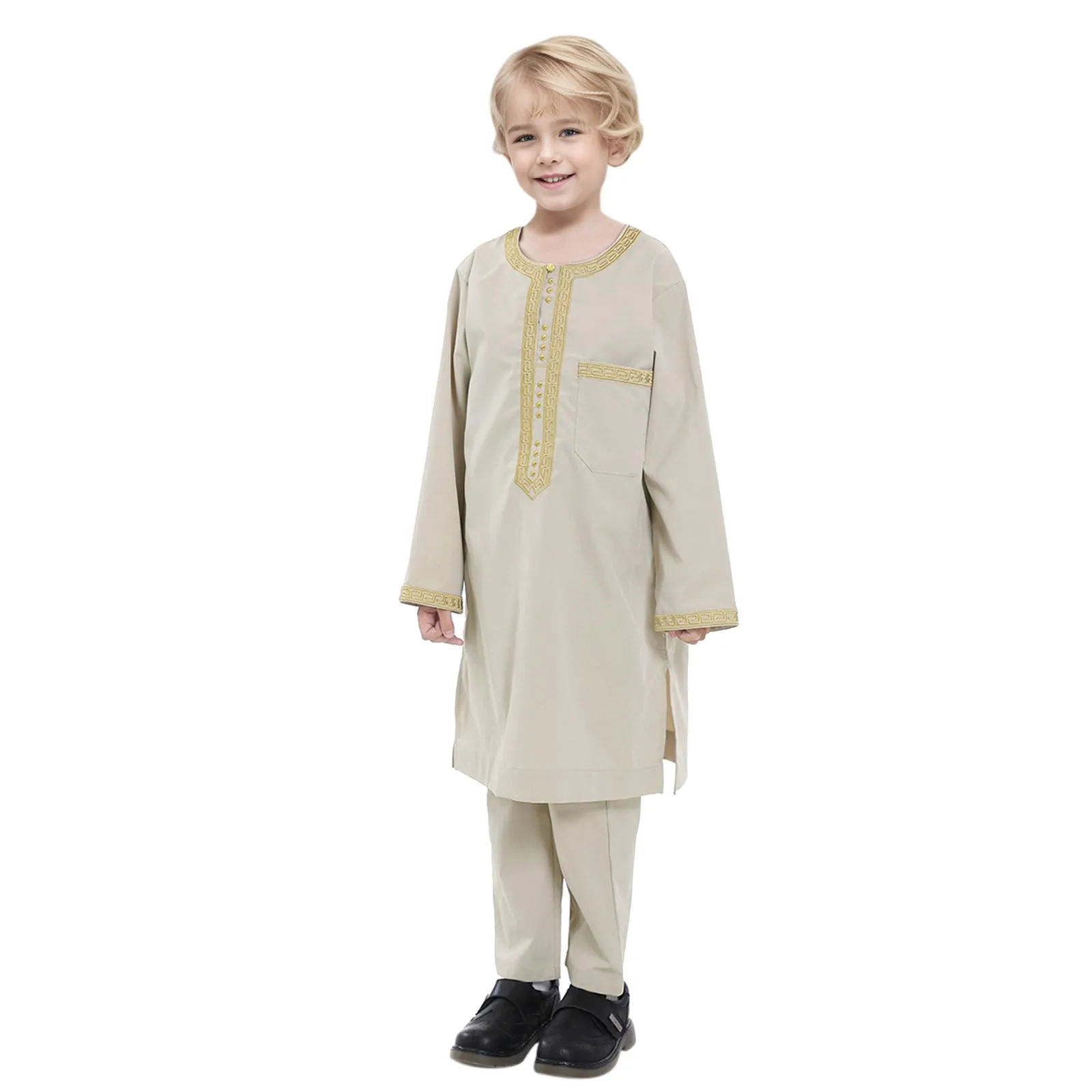 New 2024 Dubai Arab Muslim Kids Boys Clothes Sets Abaya Kaftan Robes+Pants Islamic Ramadan Clothing Arabic Child Kaftans Costume