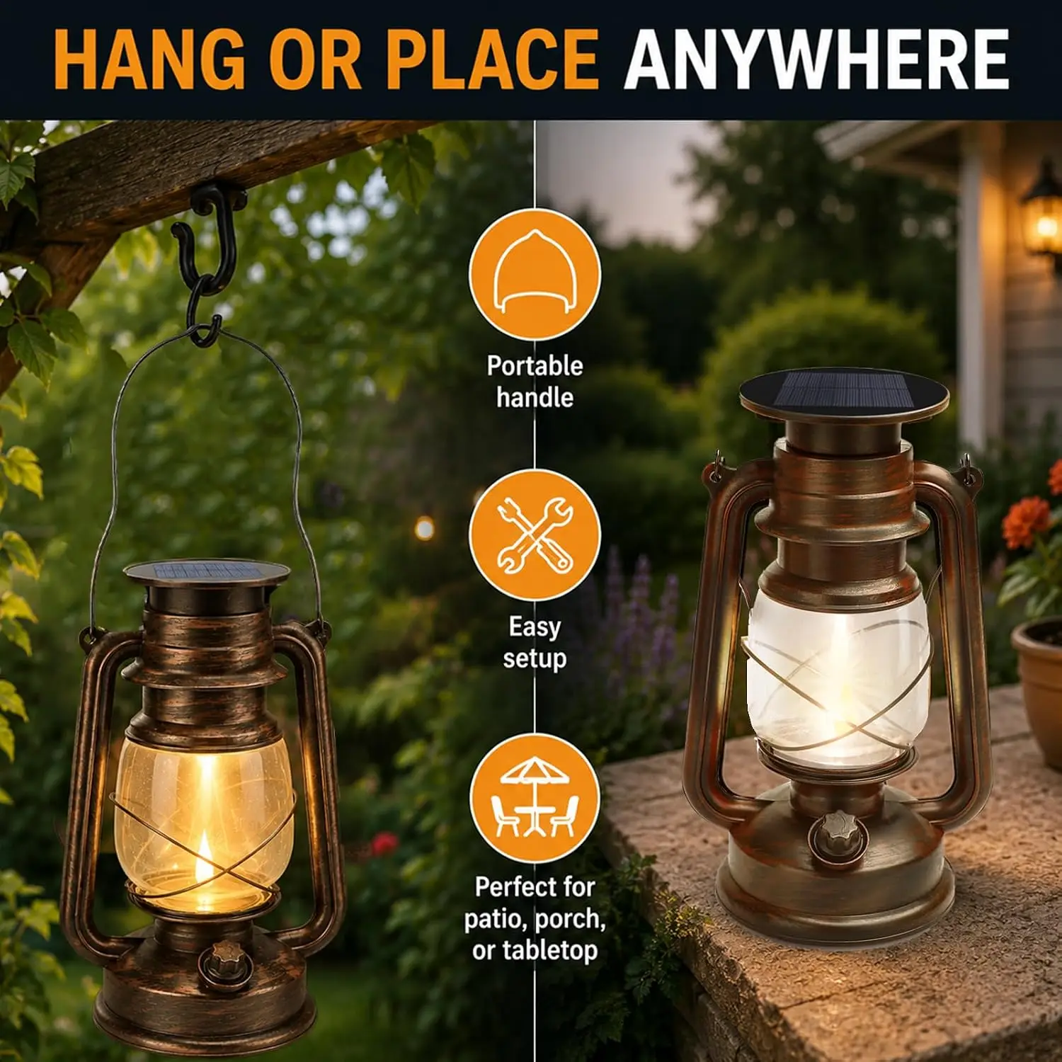 Solar LED Vintage Camping Lantern USB Rechargeable Dimmable Flame Tent Light Outdoor Waterproof Travel Emergency Fishing Lamp