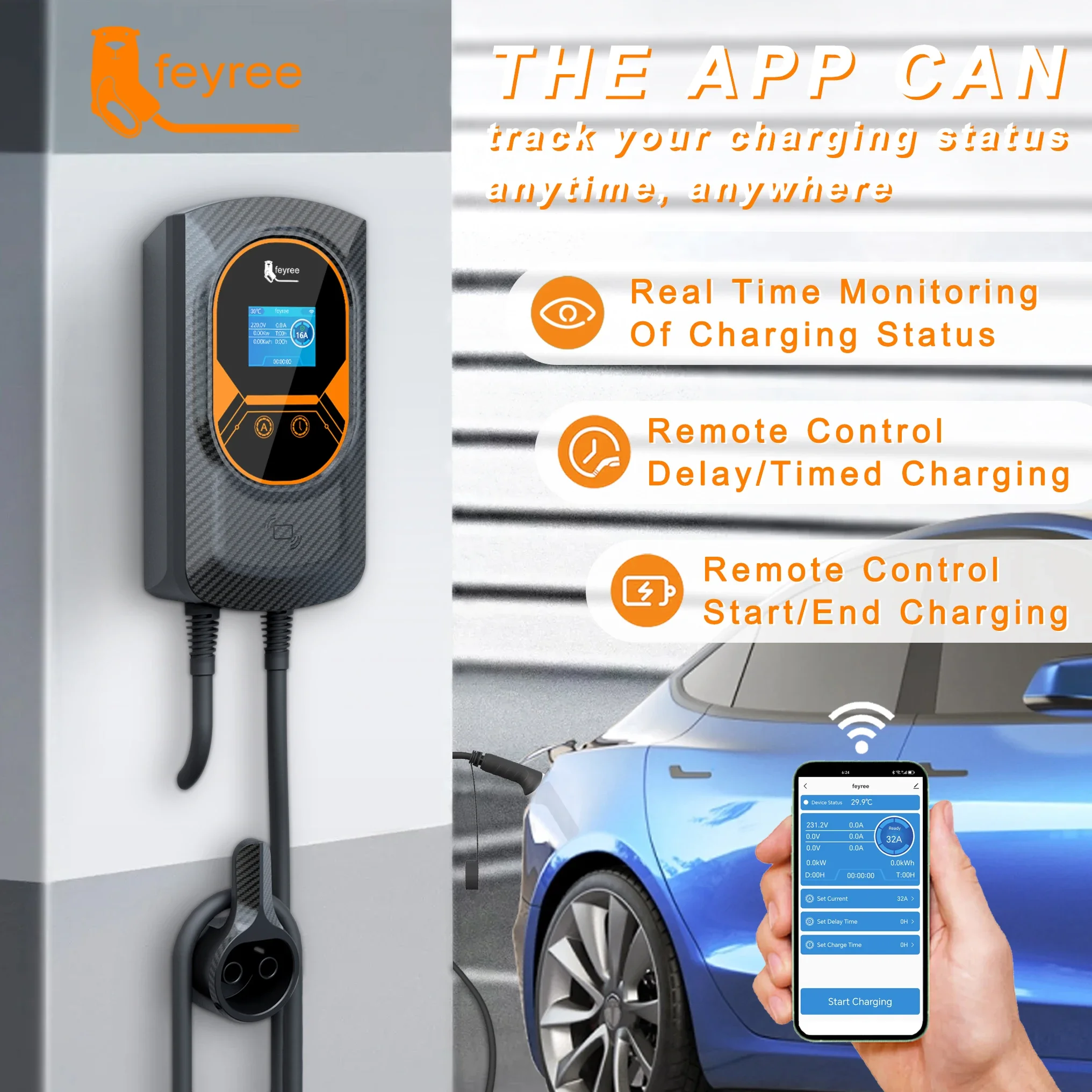 feyree EVSE Wallbox Type2 Cable 32A 7.6KW EV Car Charger 11KW 22KW 3 Phase Charging Station APP Control for Electric Vehicle