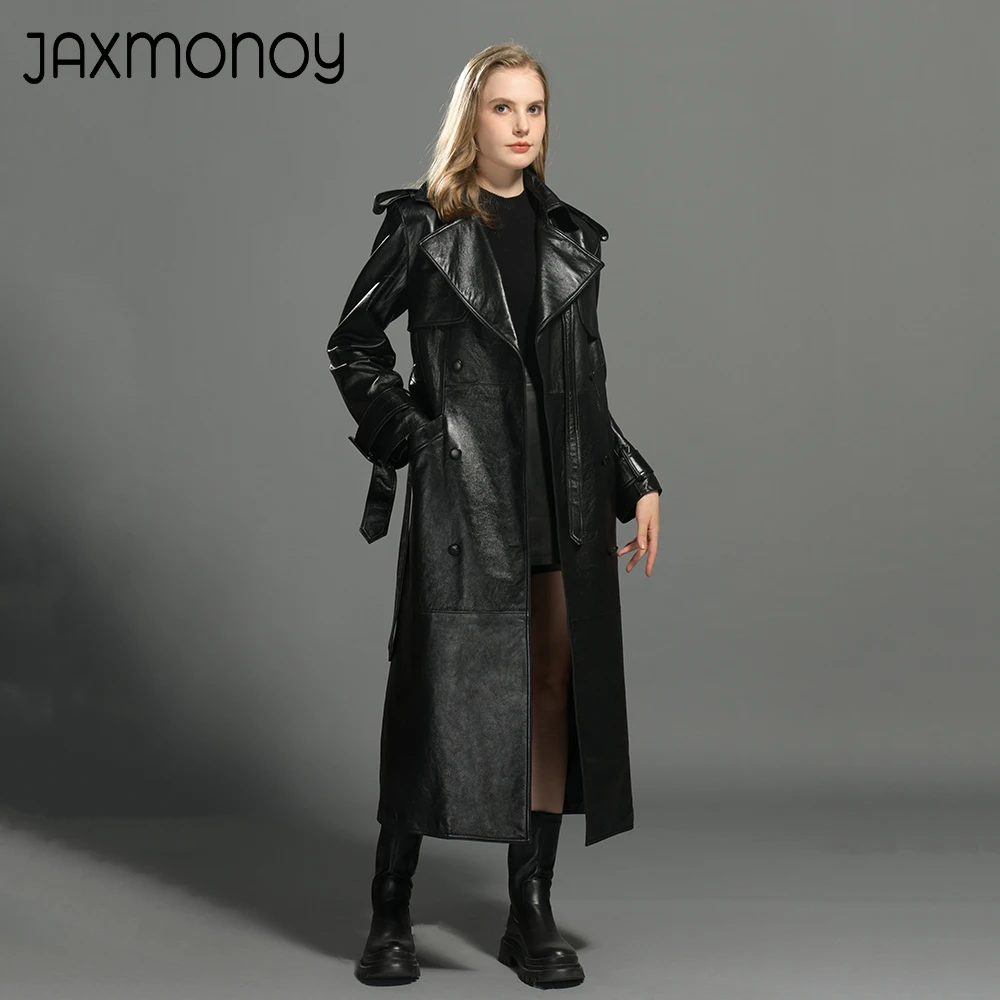 Jaxmonoy 여성용 진짜 가죽 롱 재킷, 여성용 가을 하이엔드 양가죽 코트, 패션 정품 가죽 트렌치 코트, 신상품