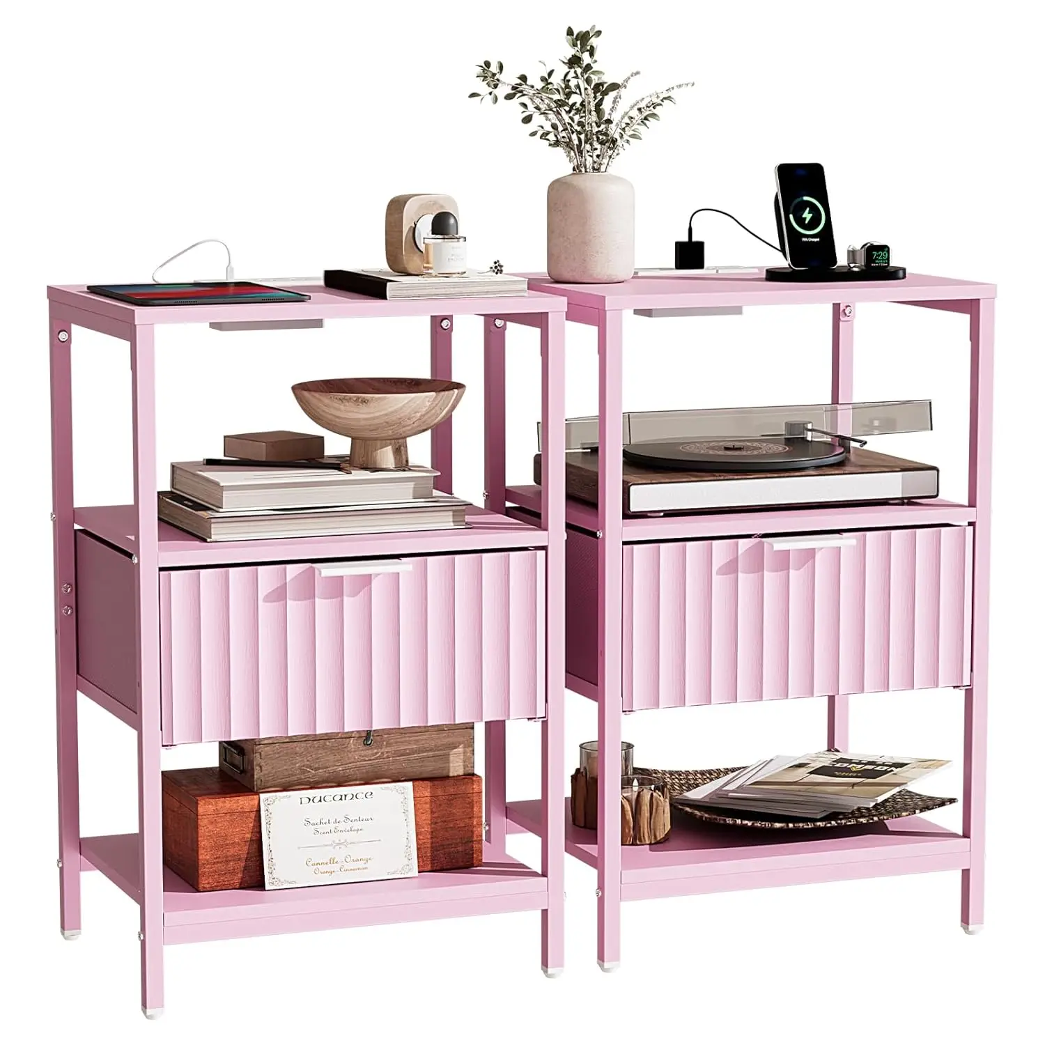 

Fluted Nightstand Set of 2, End Table with Fabric Drawer with Charging Station, Night Stand with Storage Shelf &, Customized