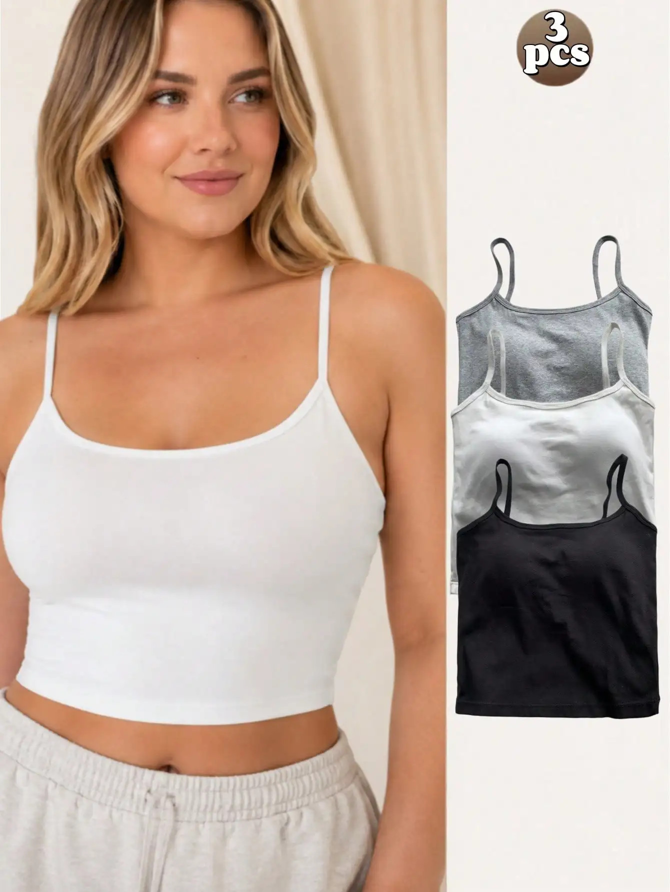3-teiliges, schlichtes Tanktop mit Spaghettiträgern und integriertem BH-Einsatz, schmal geschnittenes Tanktop mit Spaghettiträgern, lässiges, ärmelloses Layering-Lingtop
