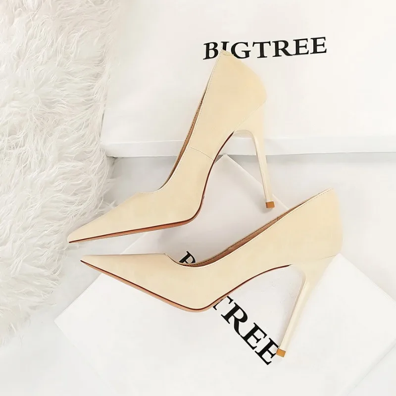 BIGTREE Sexy Classic High Heels Women Pumps Wedding Solid PU 10.5CM Thin Heels Cover Heel Office Ladies Slip on Shoes Woman