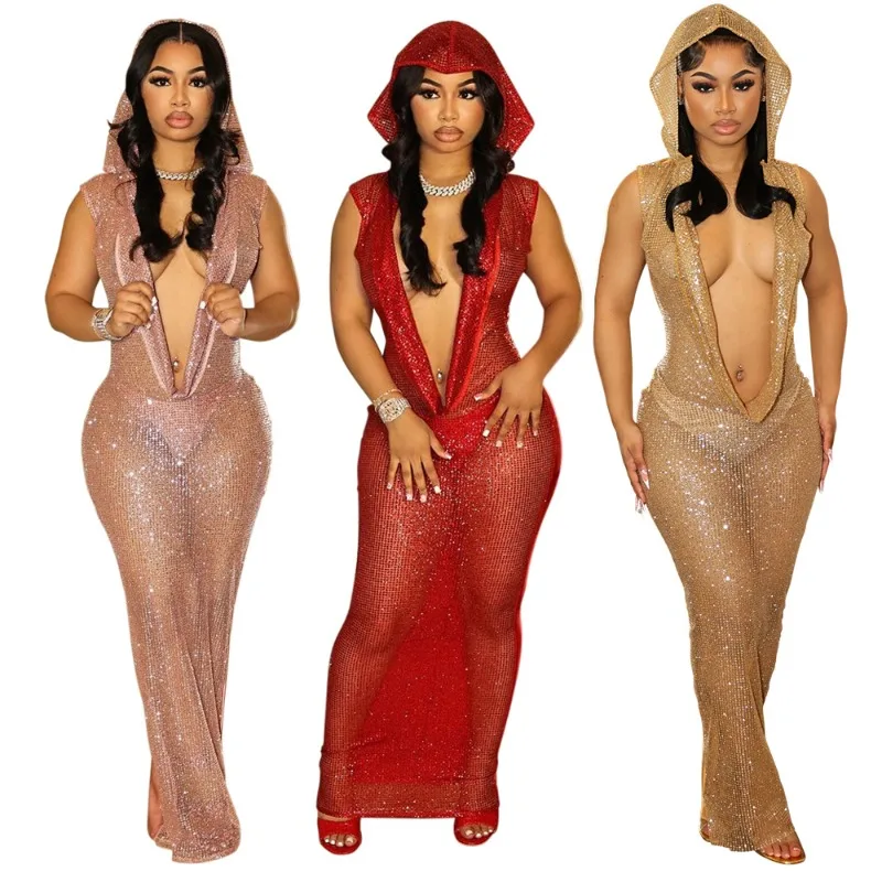 Dress Women's Seductive V-neck Patchwork Sheer Sequin Longline New Comfortable Minimalist Fashionable Niche Versatile Elegant