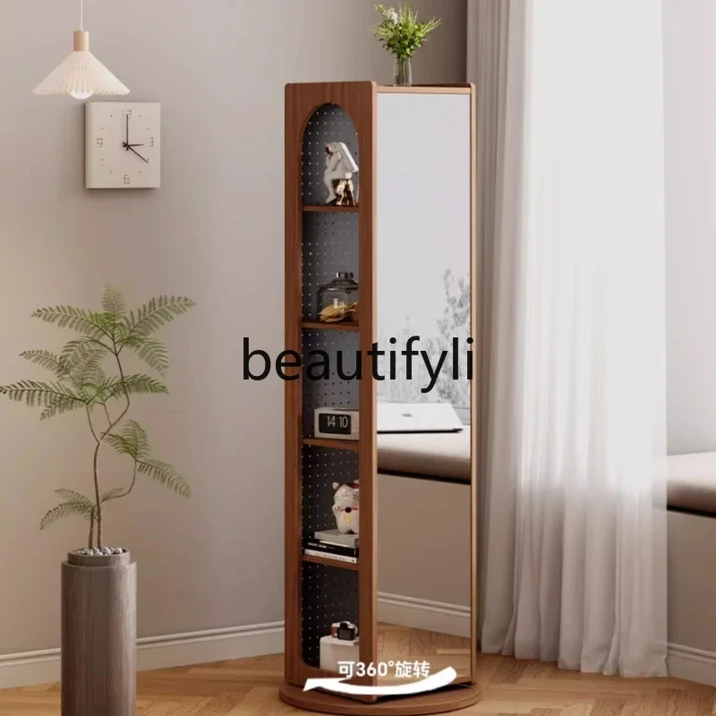 

Rotating full body floor mirror household bedroom movable fitting mirror with rack integrated medium and ancient style