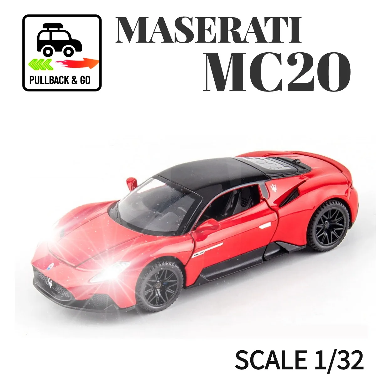 

1:32 Maserati MC20 Pullback Car Toy with Lights Engine Sound, Lamborghini Scale Diecast Car Model Replica Kid Boy Play Gift