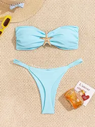 Sexy Bandeau Micro Bikini Set Women Swimwear Metal Solid Thong Biquini Swimsuit Strapless Beachwear Bathing Suit 2026 Mujer