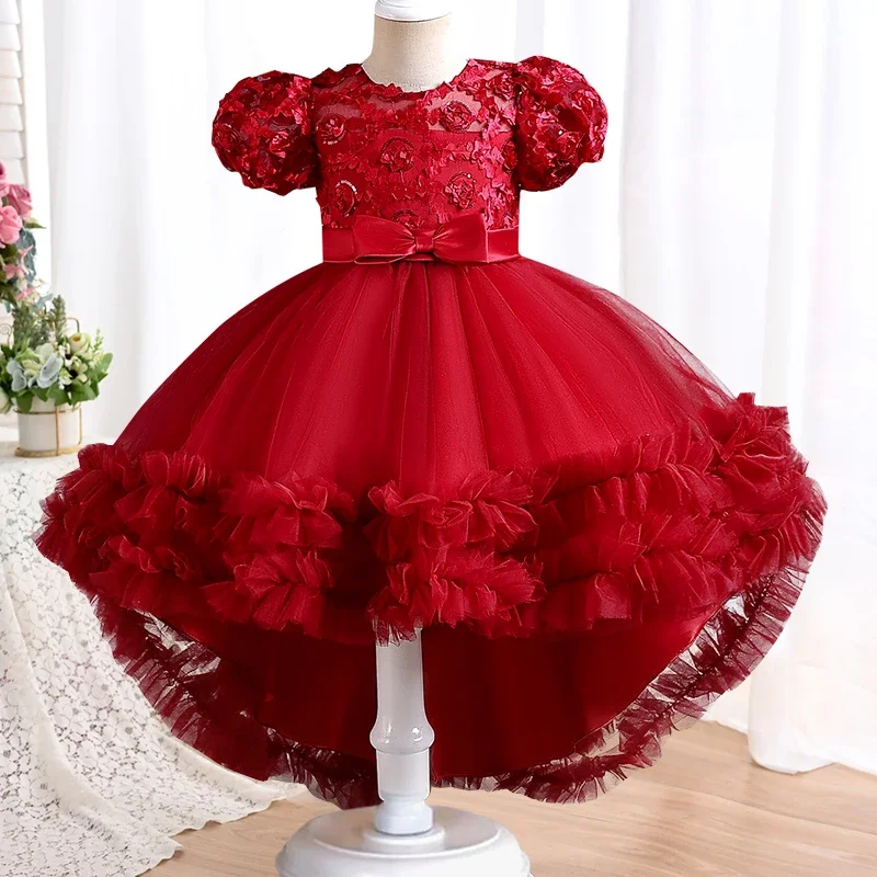 

Flower girl wedding party ball tailed Print Dress Girl Birthday communion party high collar dress girl Graduation Dinner Dress