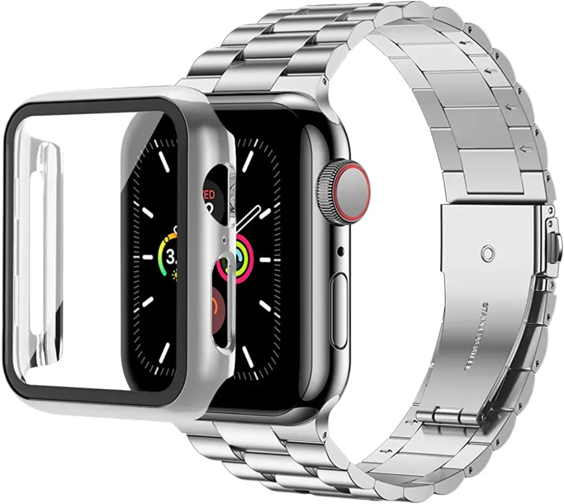 Корпус ПК + металлический ремешок для Apple Watch 9 8 7 45 мм 41 мм, однотонный металлический браслет для iWatch 6 5 4 SE 3 44 мм 40 мм 42 мм, аксессуары для крышек