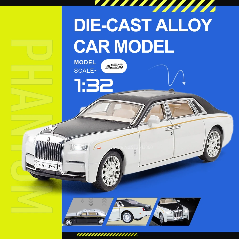 

1:32 Phantom Spectre Car Model Toy Doors Opened Sound Light Models Pull Back Rubber Tires Vehicle for Boyfriend Hobby Collection