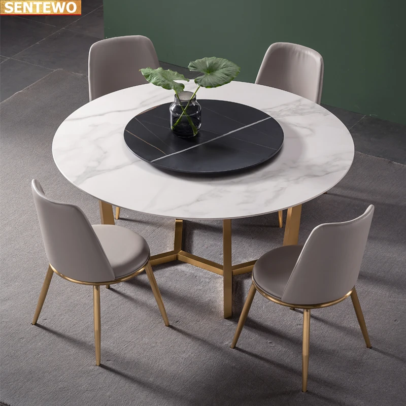 Designer Luxury round kitchen Marble Rock Slab dining table set 4 6 chairs mesa stolik furniture meuble marbre Carbon steel base