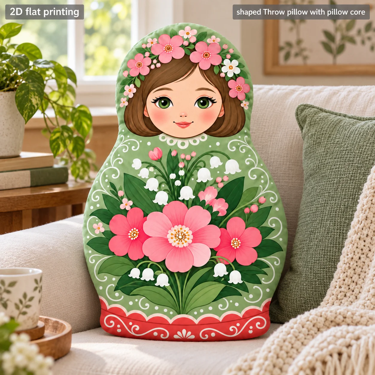 Floral Nesting Doll Shaped Throw Pillow with Pillow Core Polyester Printed Decorative Cushion for Sofa Bed Living Room Bedroom