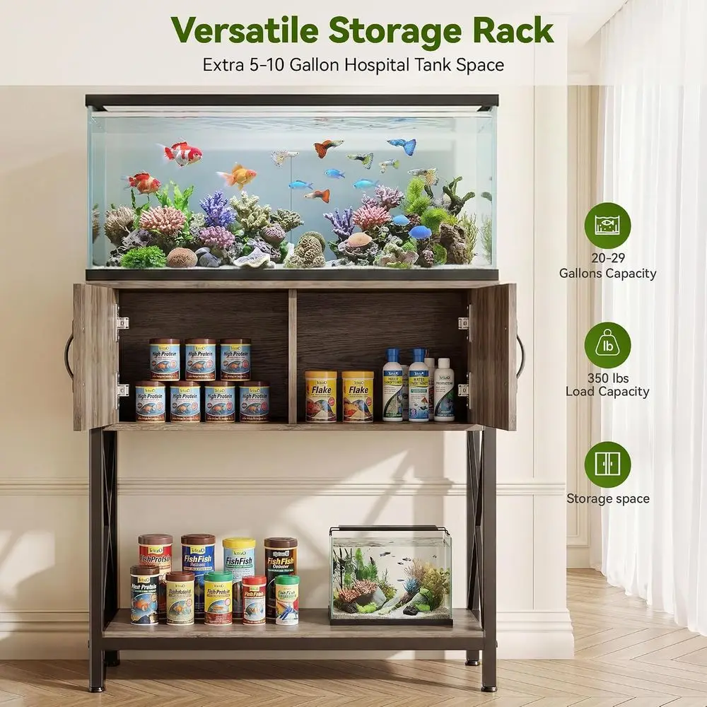 Rustic Brown Metal Double Aquarium Stand with Storage, 20-29 Gallon Capacity, 31.5L x 16.54W, Supports 330lbs