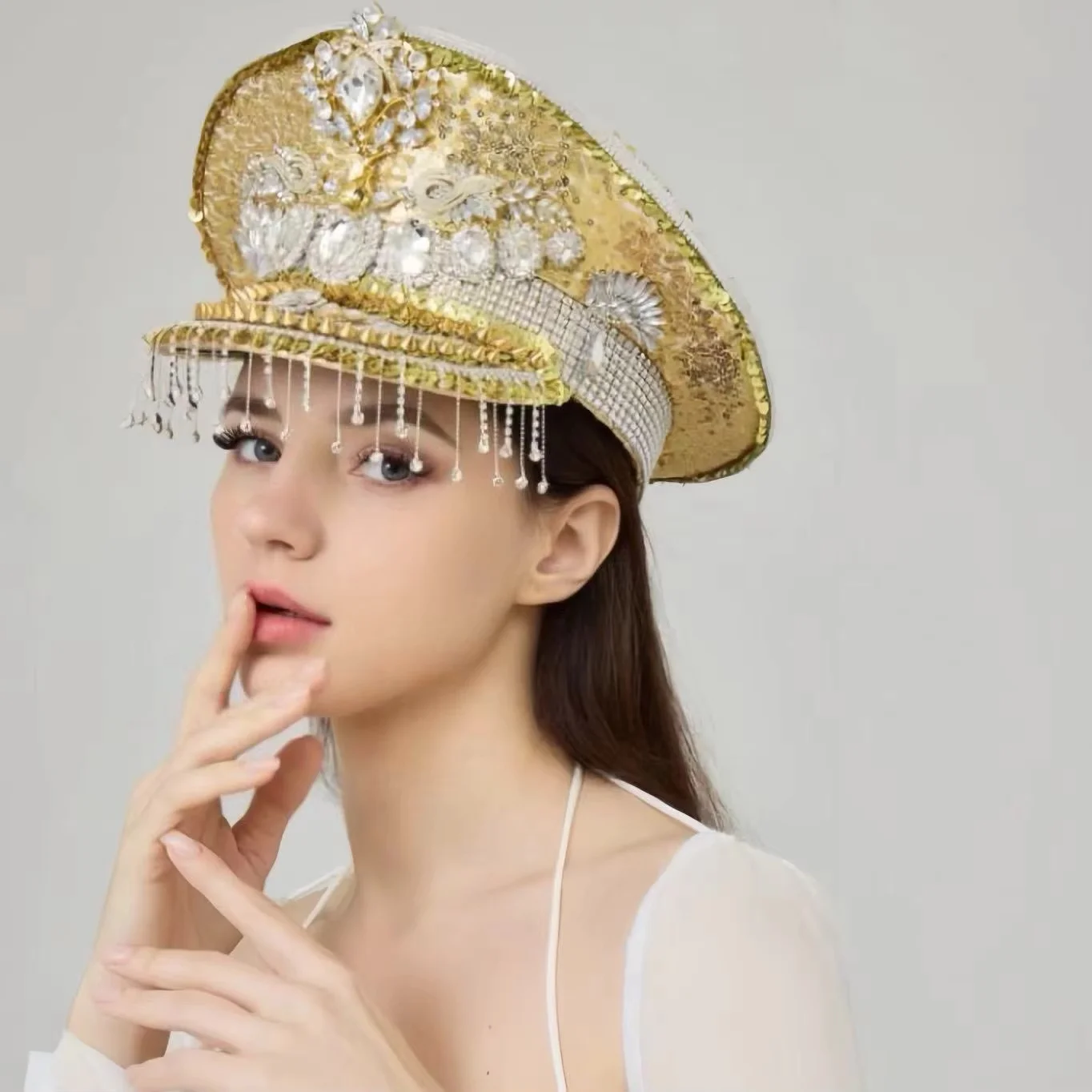 

HongLuan Golden Steampunk Captain Hat Rhinestone for Burningman Festival Woman, Vintage Military Assessories & Military Cap