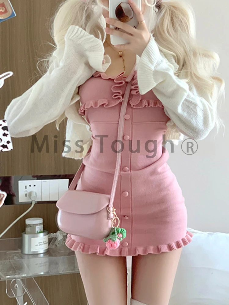 Pink Japanese Kawaii Two Piece Set Women Knitted French Elegant Strap Dress Suit Female Ruched Slim Korean Style Set Autumn 2023