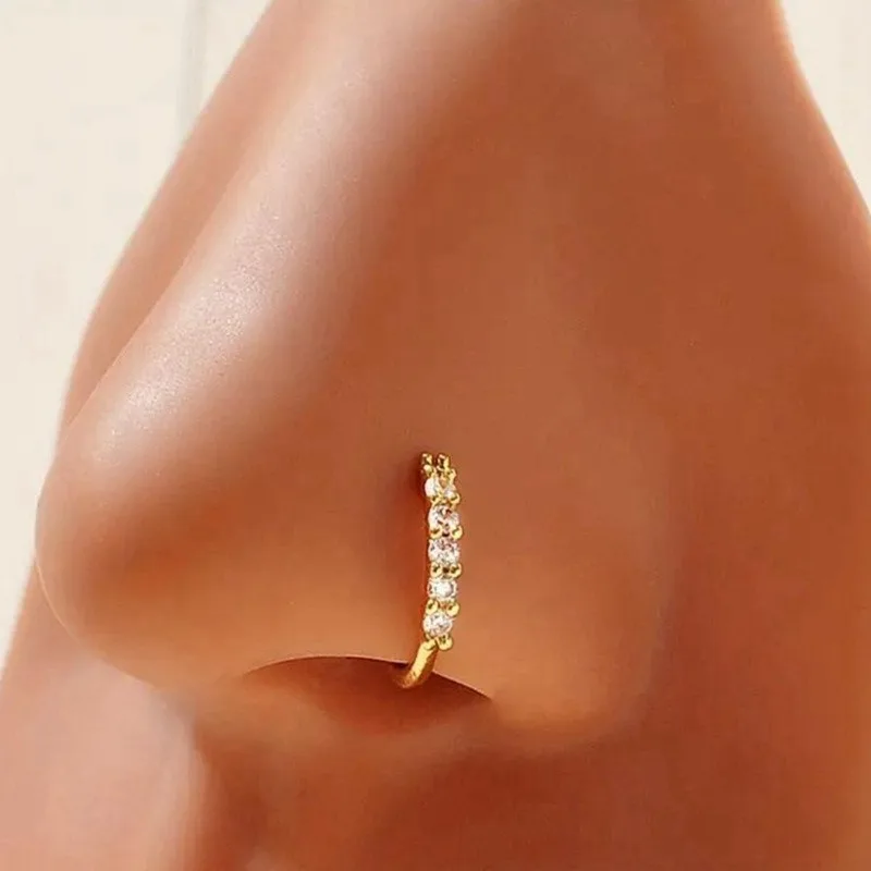 Anillo de Nariz Mini con Zirconia en Una Sola Hilera, Aro Huggie Chapado en Oro Real, Joyería de Piercing para Mujer
