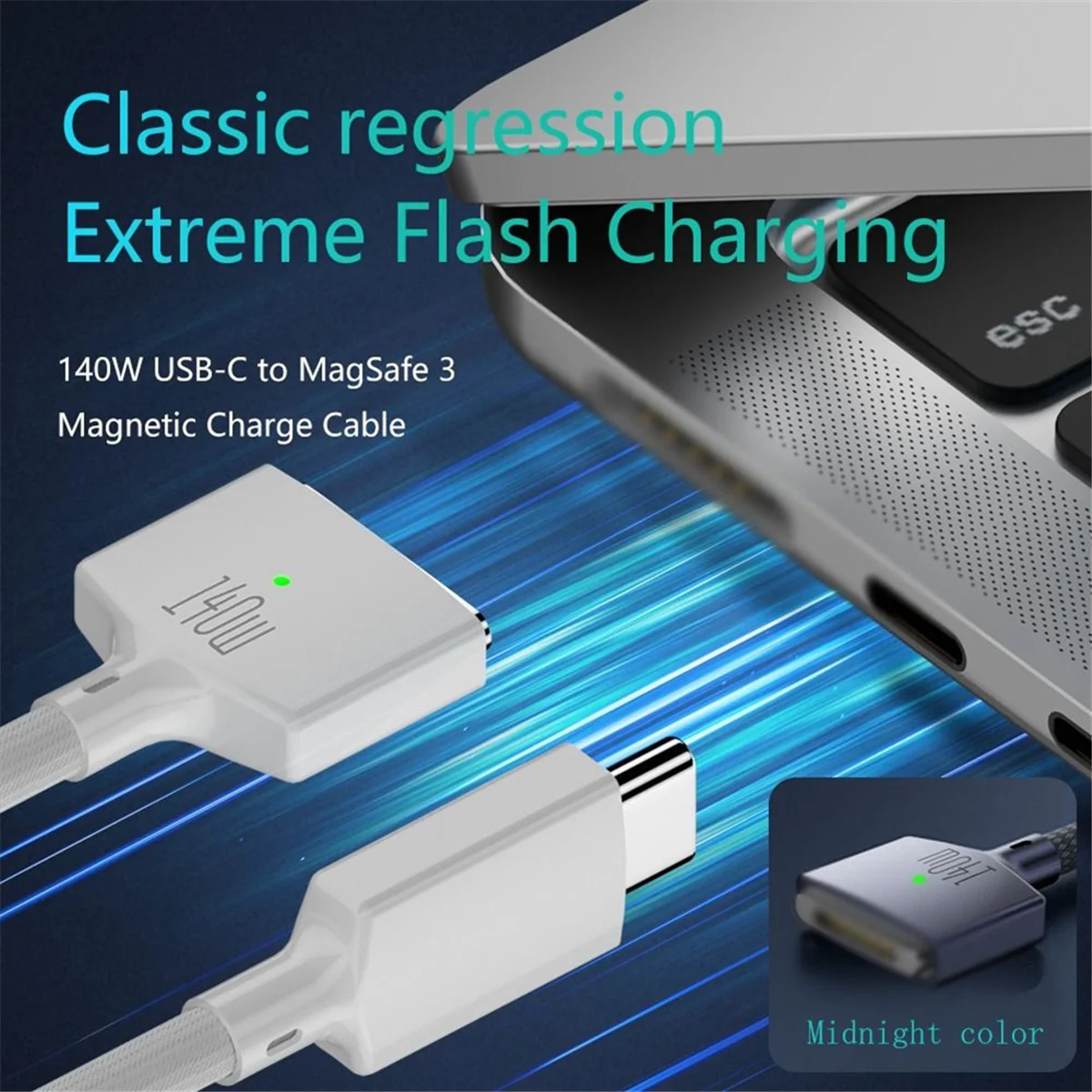 كابل شاحن سريع مغناطيسي PD 140 وات Magsafe 3 خط محول من سبائك الزنك لجهاز MacBook Air/Pro A2442/2485/2681، أزرق
