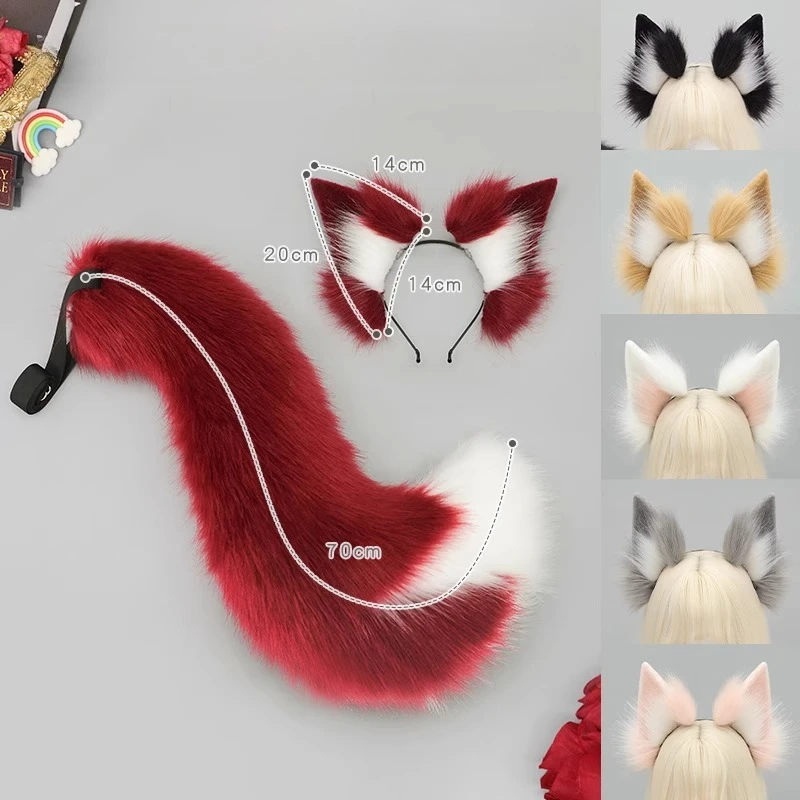 Conjunto de orelhas e cauda de raposa, adereços de cosplay de anime, orelhas de animais peludos de pelúcia, argola de cabelo, festa de carnaval, acessórios de vestido extravagante