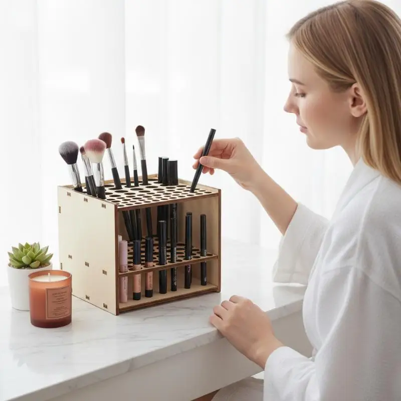 New 1 Set 67-Slot Double-layer Durable Artist Desk Organizer Wooden Brush Holder Pencil Paint Brushes Storage Art Craft