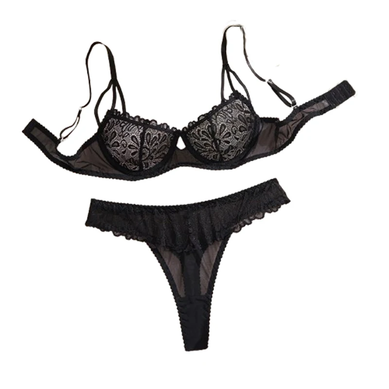 

New Sexy Lingerie Solid Vintage Bra Panties Set Lace Flowers Hollow Out See Through Exotic Sets Black Fancy Underwear Intimate