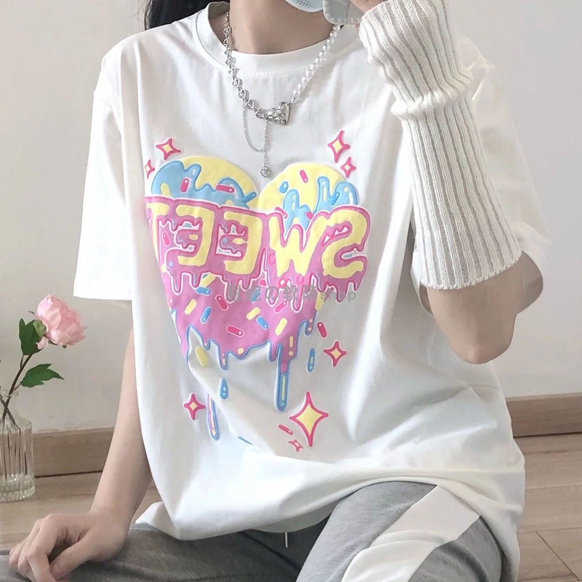 Heart Donut Printed Y2K T Shirts 100 Cotton Summer Sweet Cute Women T-shirt Oversized Tees Casual Loose Short Sleeve Tops