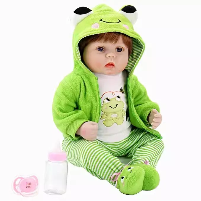 Cute Green Frog Clothes Sets Reborn Cloth Body Silicone Vinyl Baby Doll 55CM Handmade Newborn Baby Doll Birthday Christmas Gifts