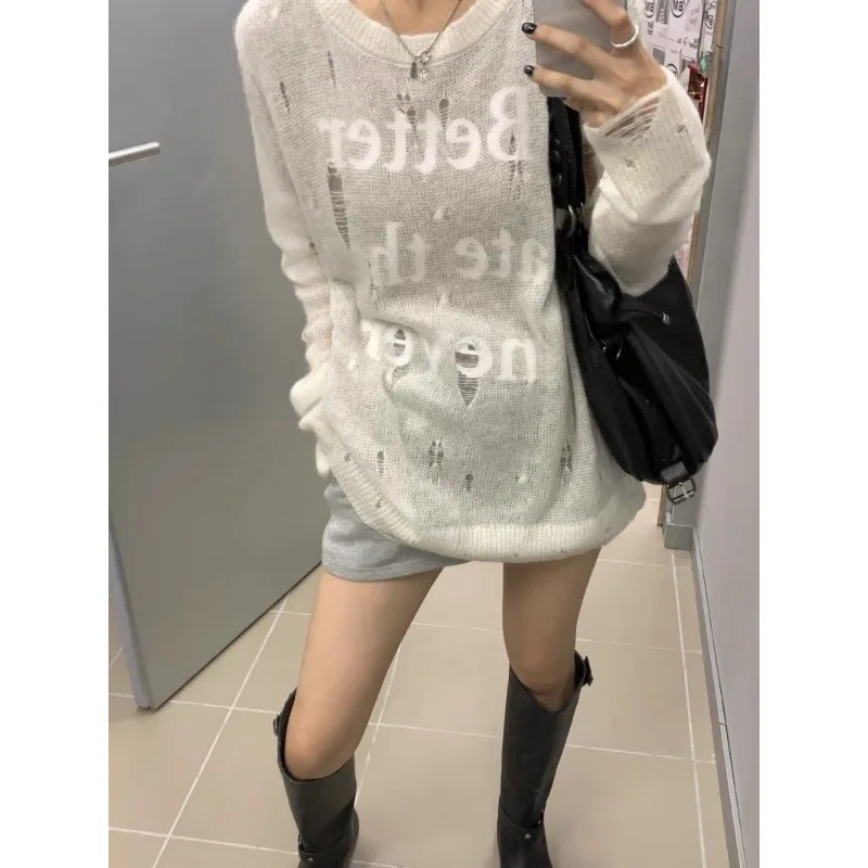 Deeptown Y2k White Hollow Out Women Kint Sweaters Harajuku Letter Pullovers See Through Korean Fashion Oversized Autumn Knitwear