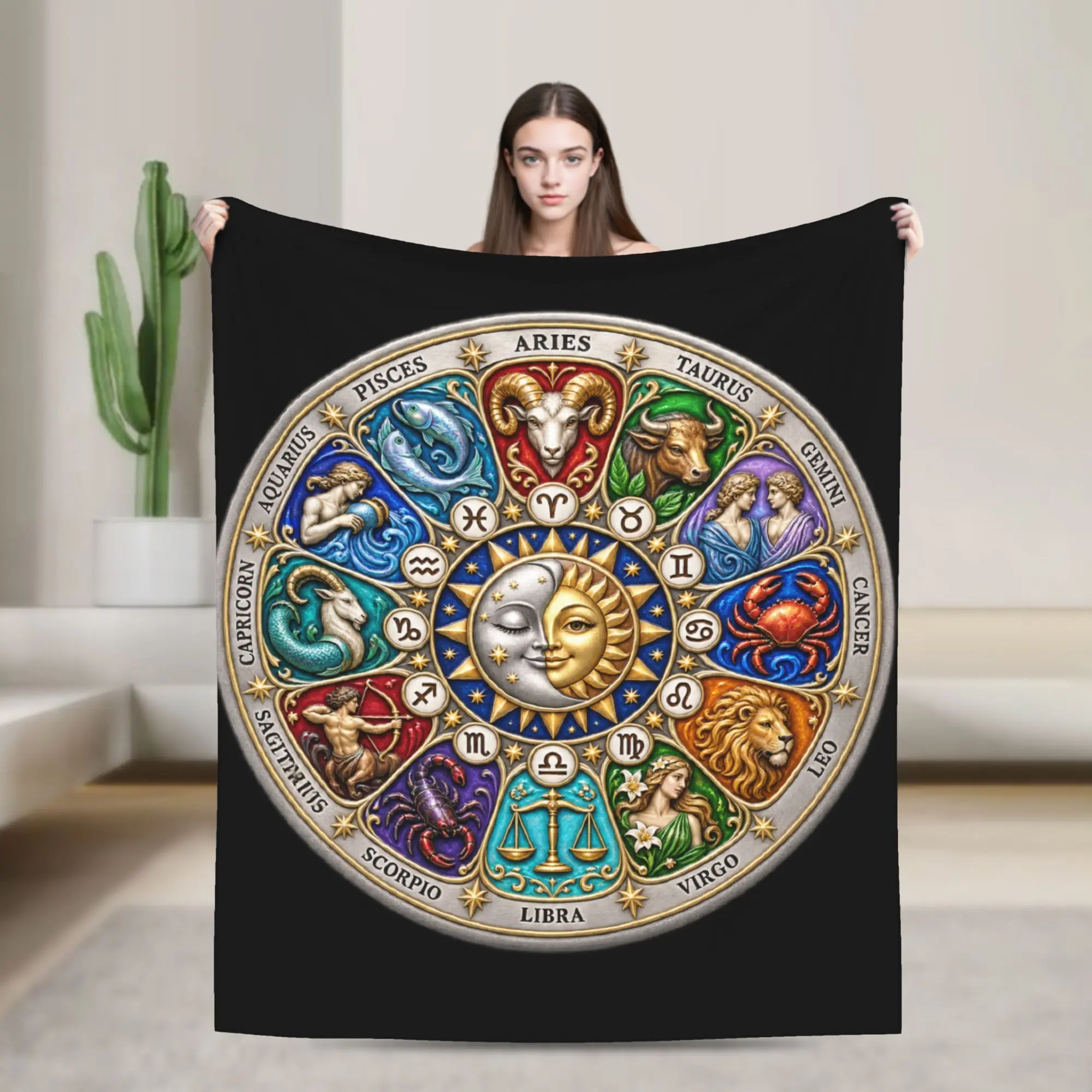 12 Zodiac Wheel Signs Astrology Sun Moon Astrology Lovers Super Warm Blanket Plush Throw Blanket Flannel Bedspread Bed Cover