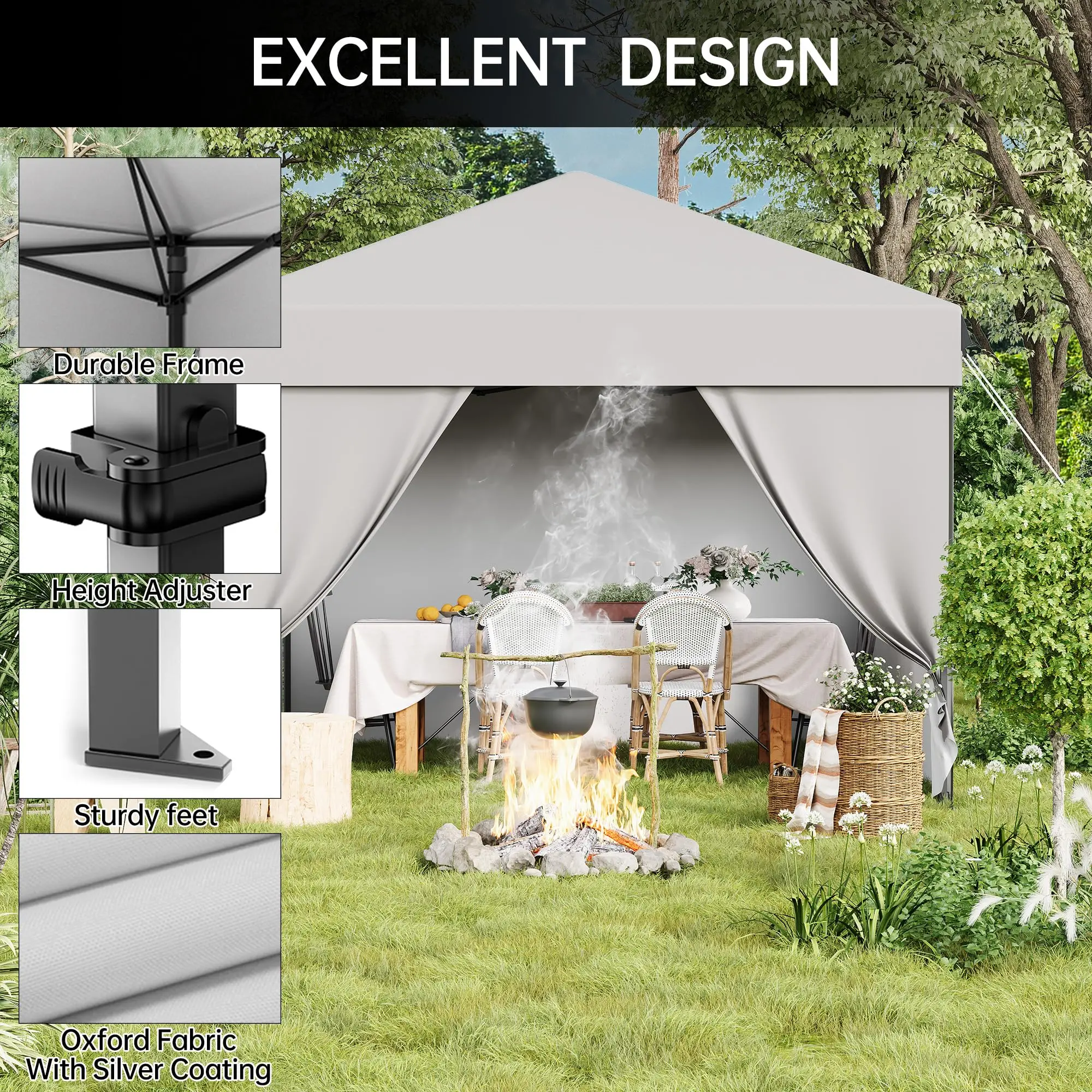 10x10FT Instant Pop Up Canopy Tent with 4 Side Walls, Complete Commercial Shelter System for Outdoor Events,White
