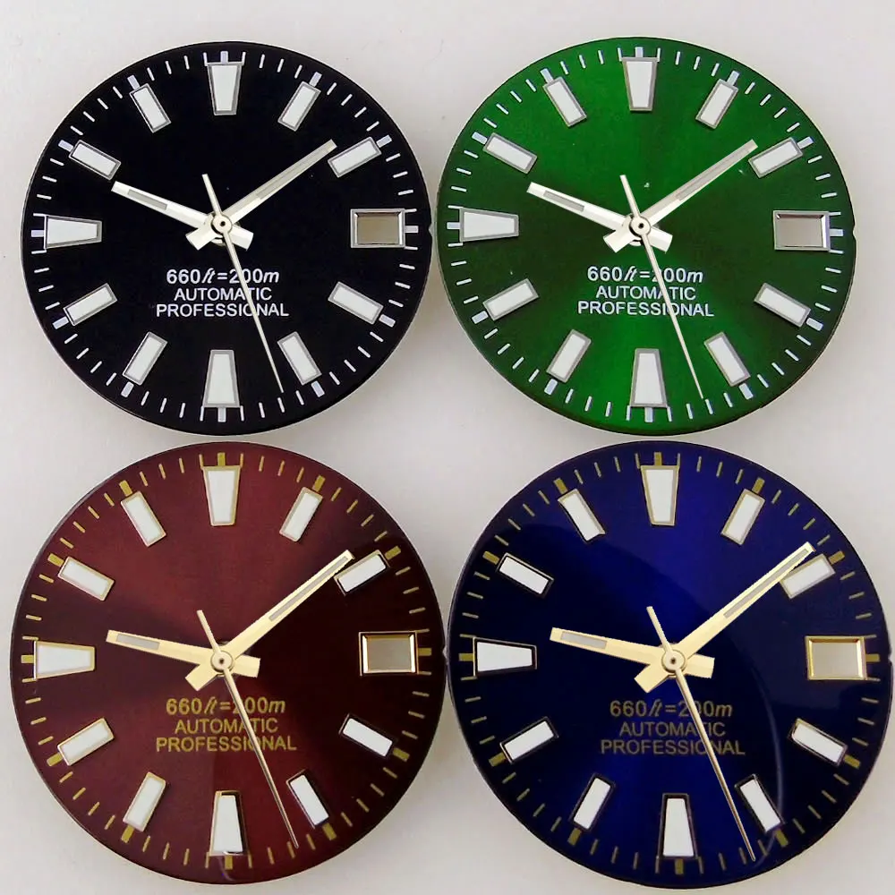 28.5mm Green/Red/Black/Blue Sunburst Sterile Watch Dial Face Hands Set Fit NH35 NH35A NH36A Automatic Movement Date Watch Parts