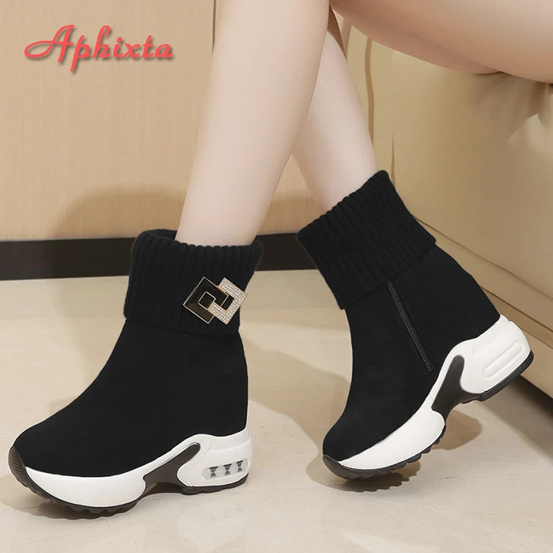 Aphixta-botas de nieve de 5cm para mujer, zapatos con aumento de altura, de felpa, con tacón de cuña, 2023