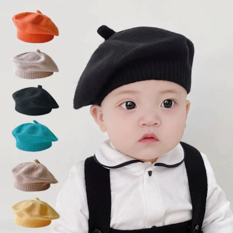 Beret Children's Stylish Hat Spring and Autumn Korean Version Boys and Girls Baby Candy Color Knitted Hat Cute Wool Painter Hat