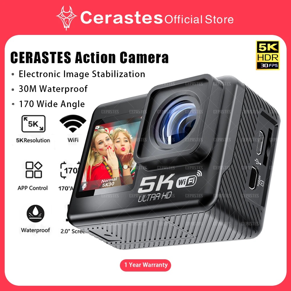 CERASTES Action Camera 4K60FPS WiFi Anti-shake Dual Screen 170° Wide Angle 30m Waterproof Sport Camera with Remote Control