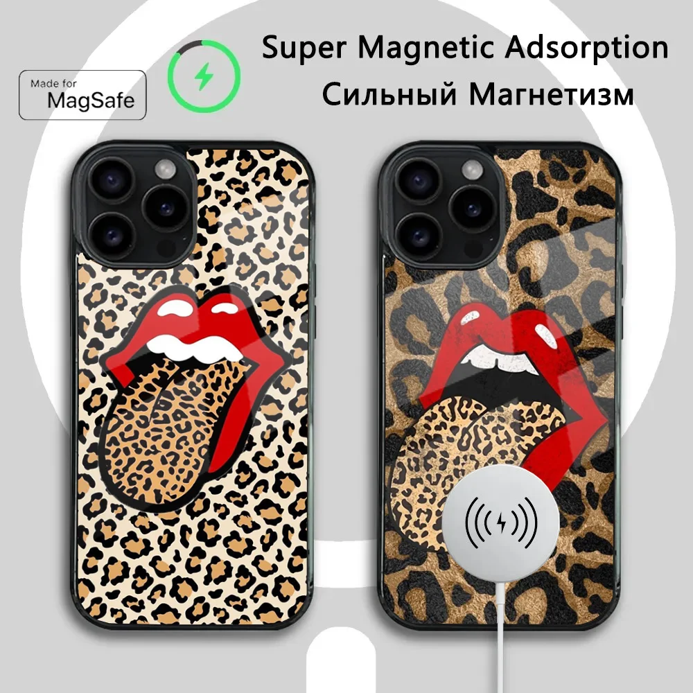 Hot Red Lip Leopard Print Handyhülle für iPhone 16, 15, 14, 13, 12, 11 Plus, Pro, Max Mini Magsafe magnetisches kabelloses Laden