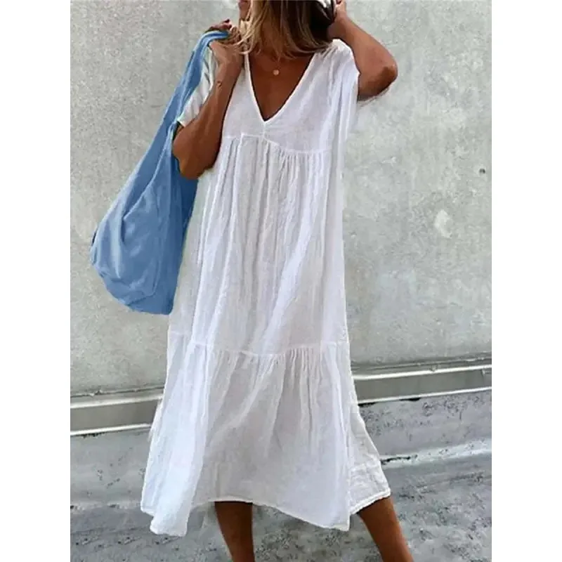 Vestido de manga curta com decote em V feminino, vestido solto, monocromático, estampado, casual, verão, outono, nova moda, 2023