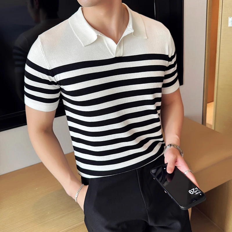 Summer Polos Male Elastic Striped Knitted T-Shirts For Men Clothing Luxury Design Slim Fit Short Sleeve Men's T Shirt  Top 2024