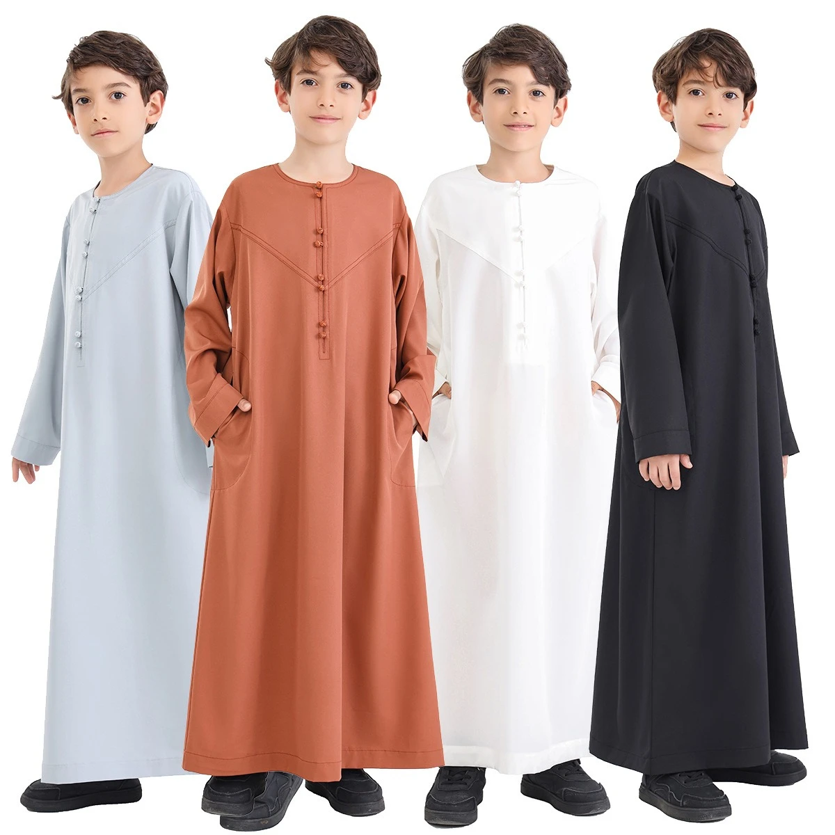 Arab Boys Long Robe with Side Pockets Front Buttons Teenagers Kids Jubba Thobe Hui Ethnic Dubai Qatar Prayer Moroccan Kaftan