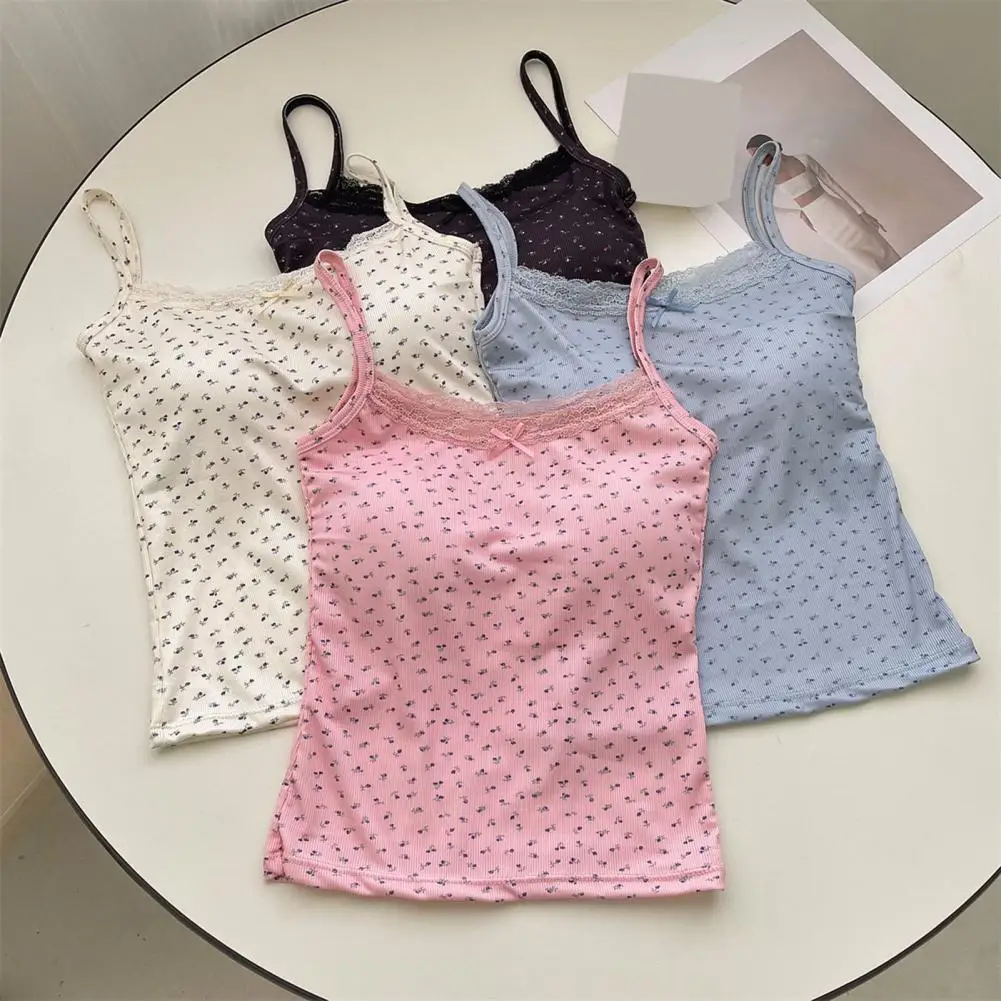 Women Padded Tank Tops Sling Printing Lace Trim Bow Decor Camisole Sexy Backless Crop Tops Slim Fit Stretchy Tops Streetwear