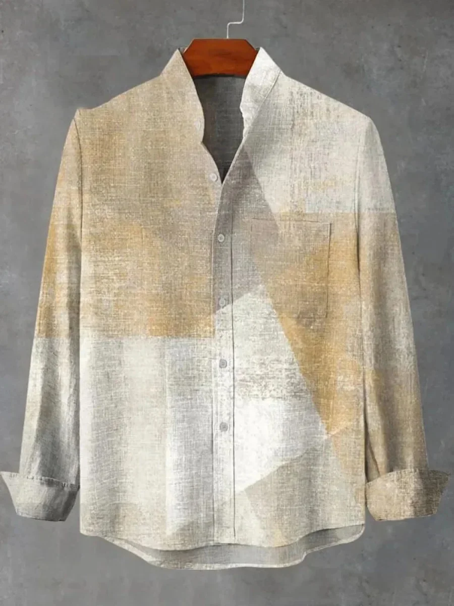 New Men's Stand Collar Linen Long Sleeve Shirt 3D Art Printing Simple Pattern Top Men's Casual Fashion Shirt