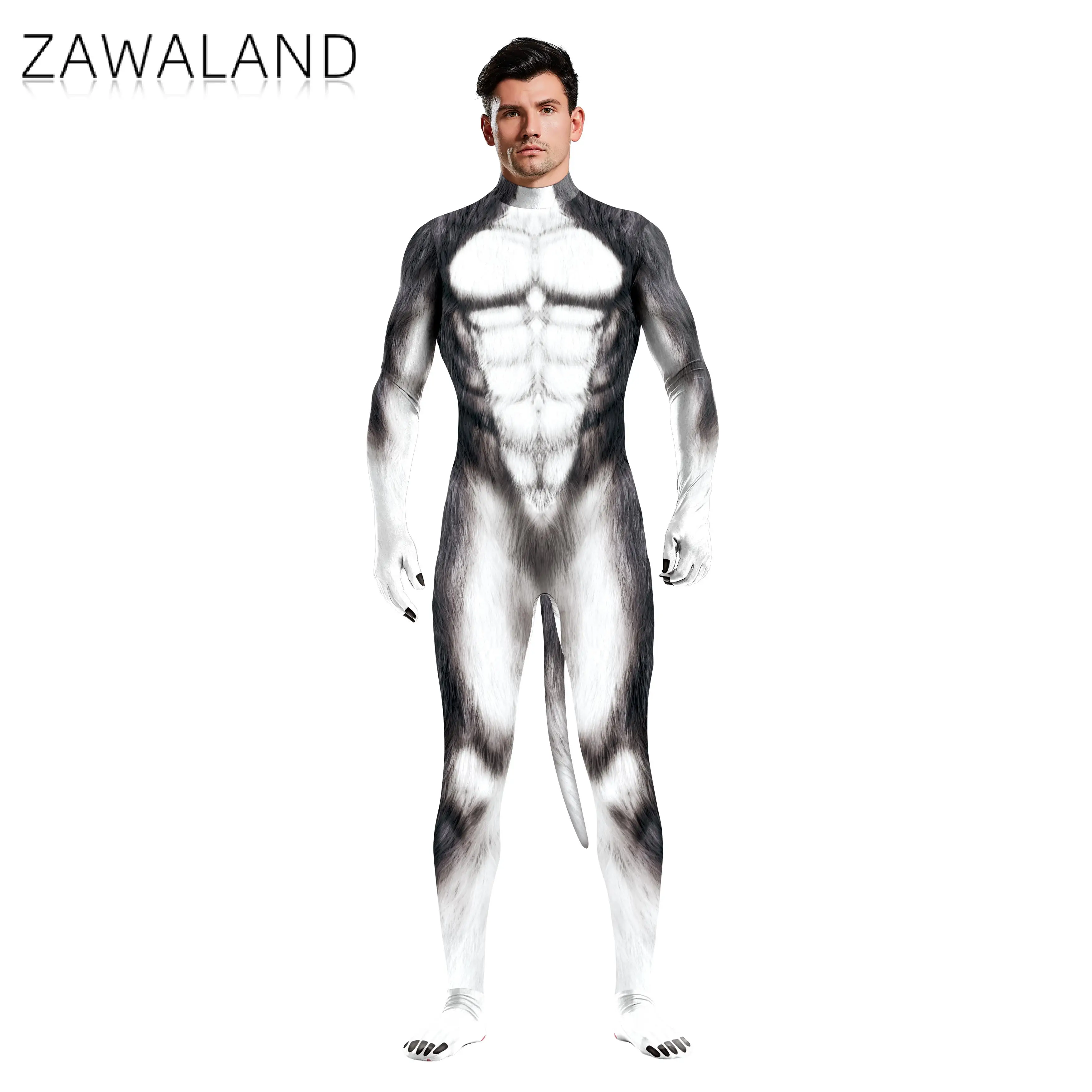 Lobo Fantasias Cosplay para Adultos, 3D Animal Impresso, Playsuit Halloween, Zentai Unisex, Capa Completa com Cauda, Bondage Catsuit