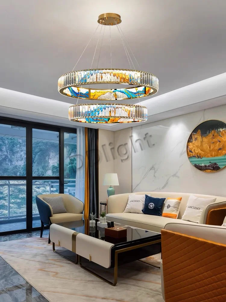 2024 Modern New Enamel Color Chandiler Lustre Crystal Glass Ceiling Light Luxury LED Ring Villa Decor Bedroom Living Dining Room