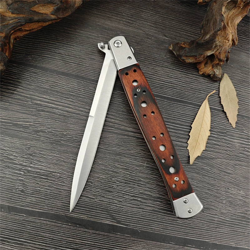 Long Size Tactical Folding Pocket Knife 440C Blade Wood Handles Camping EDC Hunting Knife Self Defense Knives Tools