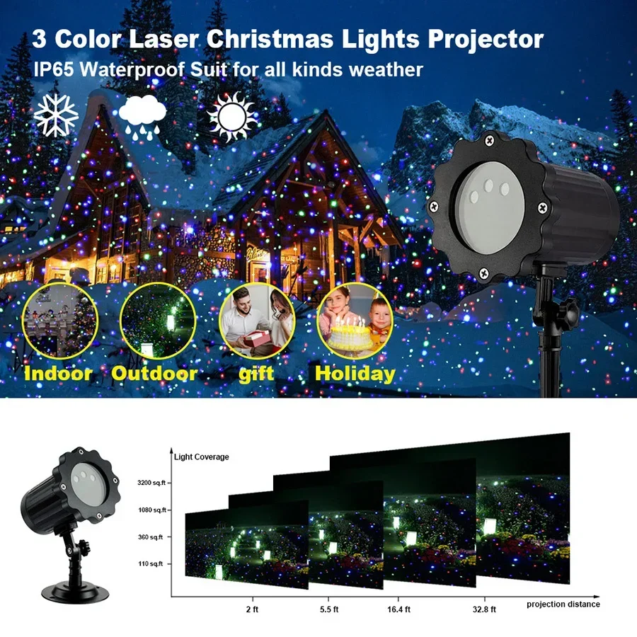 Red Green Blue Christmas Laser Projector Lights Outdoor 3 Color RGB Laser Light Projector with Remote for Garden Tree Wall Decor