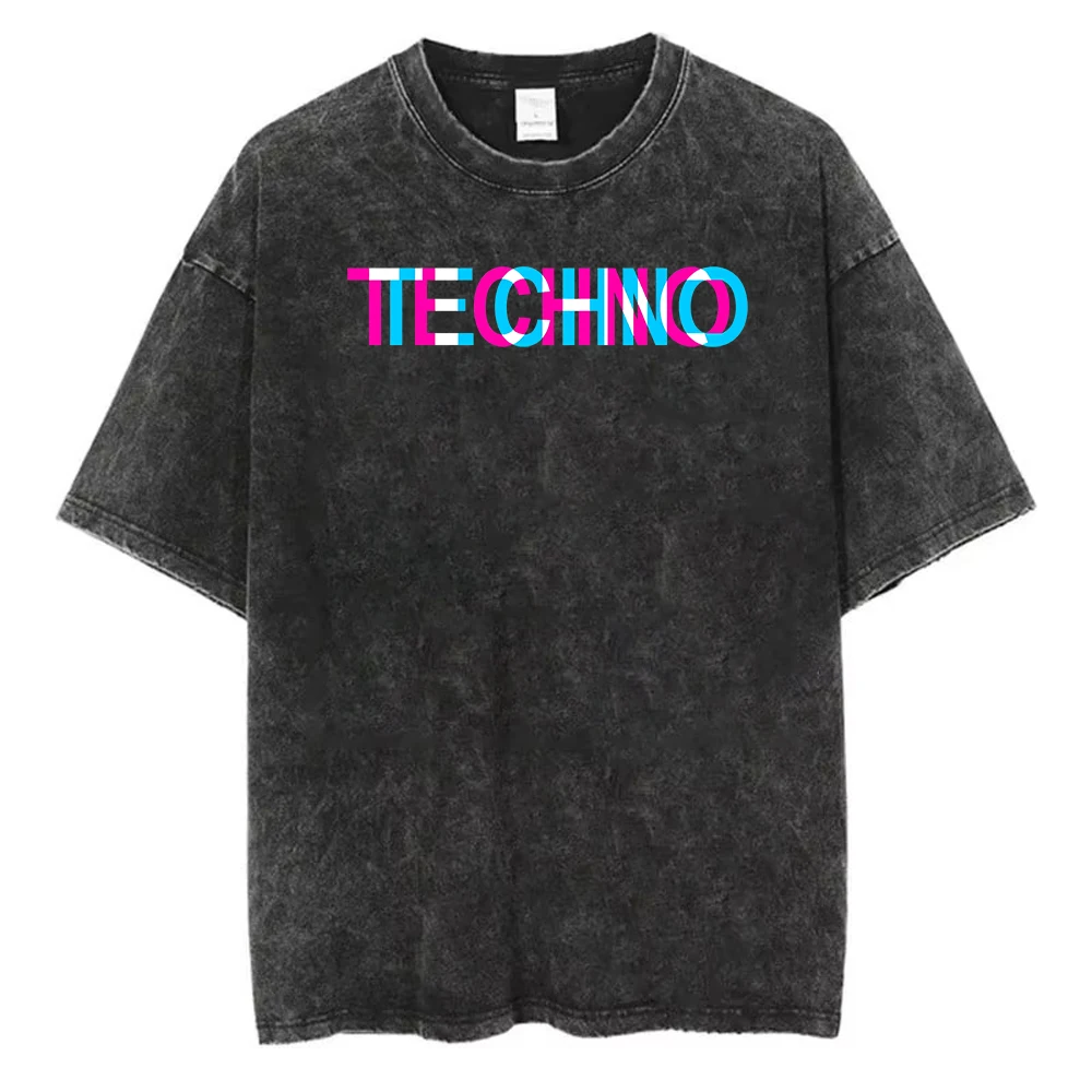 Cooles Techno-Buchstaben-Print T-Shirt aus gewaschener Baumwolle, Kurzarm-Oberteil, Retro-Acid-Wash-Print, Sommer-Loose-Fit-Streetwear-T-Shirt