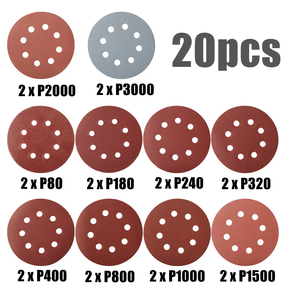21 pçs/set 5 polegada 125mm 8 furos discos lixa areia folhas grit 80-3000 almofada de polimento para ferramentas de moagem de madeira