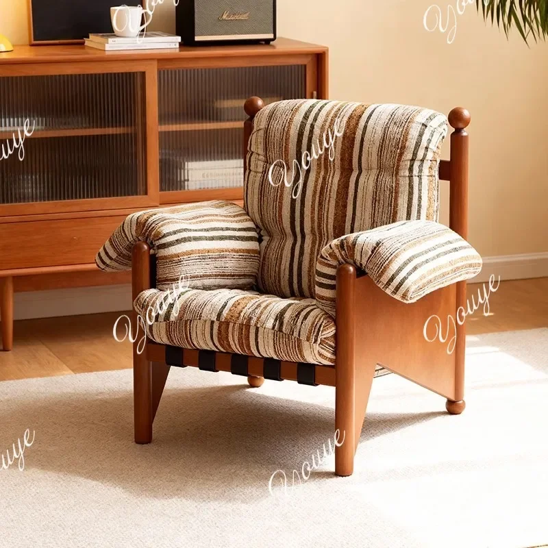 XM Medieval Solid Wood Single Sofa Chair Striped Fabric Designer Leisure Chair Living Room Bedroom Balcony Lounge