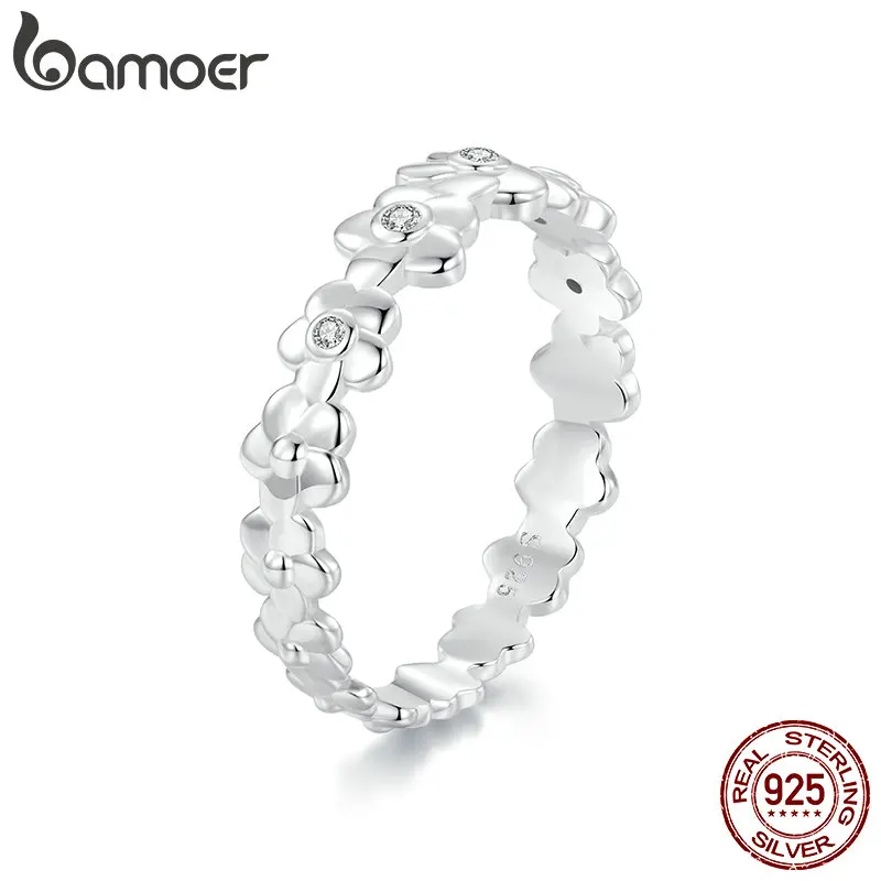 BAMOER 925 Sterling Silver Daisy Ring for Women Girls, Gold Plated Flower Ring Paved with Cubic Zirconia Statement Band Ring